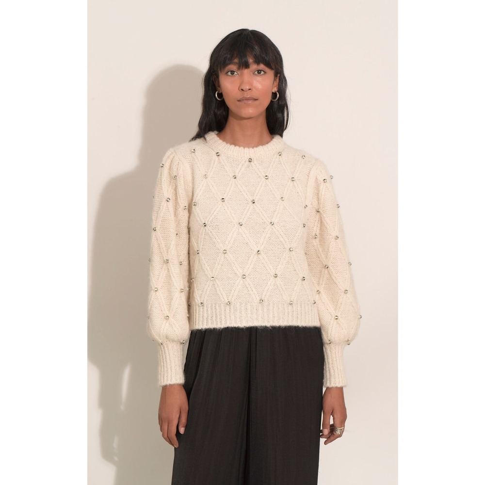 Eleven‎ Six Zaria Ivory Beaded Baby Alpaca Knit V Keyhole Back Crewneck Sweater